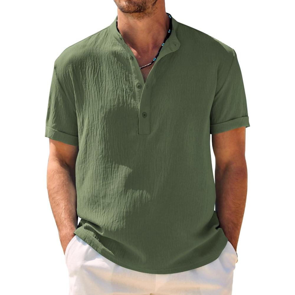 imageCOOFANDY Mens Casual Henley Shirt Band Collar Short Sleeve Shirt Summer Beach Hippie TShirtOlive Green