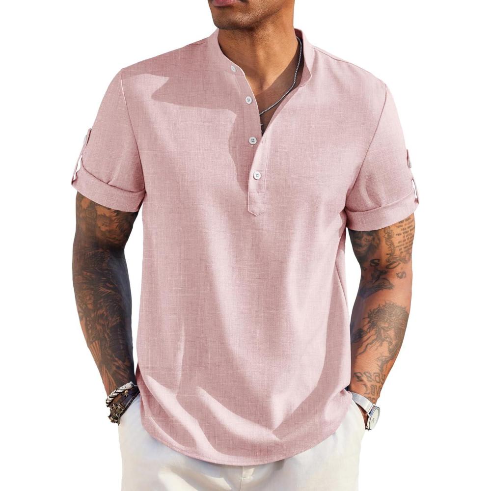 imageCOOFANDY Mens Casual Henley Shirt Band Collar Short Sleeve Shirt Summer Beach Hippie TShirtPink