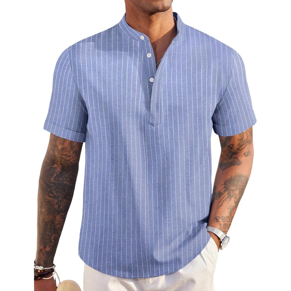 imageCOOFANDY Mens Casual Henley Shirt Band Collar Short Sleeve Shirt Summer Beach Hippie TShirtStriped Blue