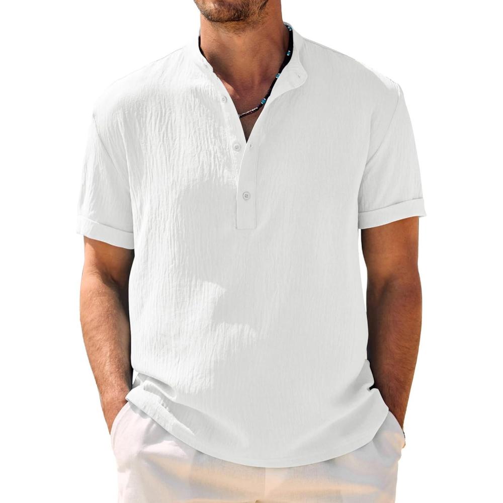 imageCOOFANDY Mens Casual Henley Shirt Band Collar Short Sleeve Shirt Summer Beach Hippie TShirtWhite