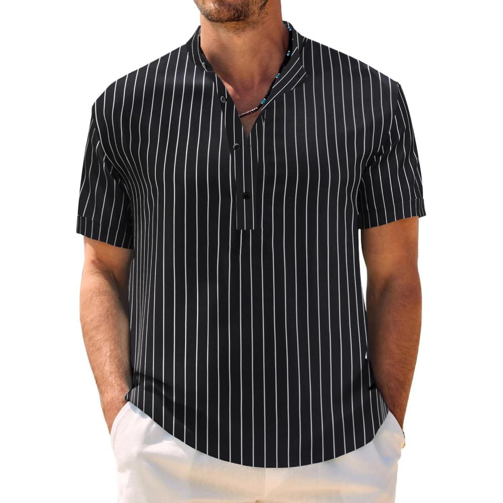 imageCOOFANDY Mens Casual Henley Shirt Band Collar Short Sleeve Shirt Summer Beach Hippie TShirtWhite Stripes on Black