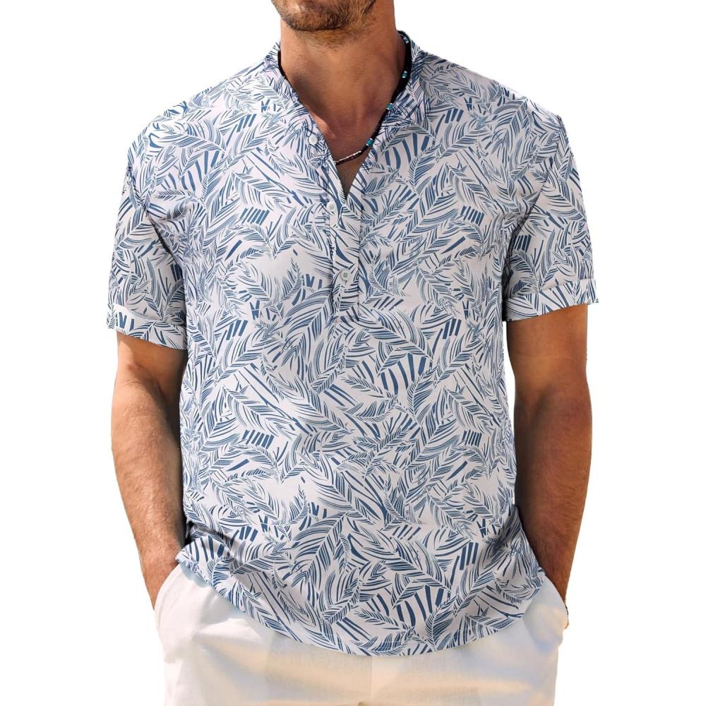 imageCOOFANDY Mens Casual Henley Shirt Band Collar Short Sleeve Shirt Summer Beach Hippie TShirtWhite and Blue Plant Leaves