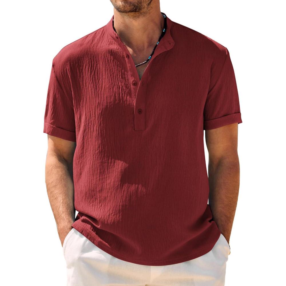 imageCOOFANDY Mens Casual Henley Shirt Band Collar Short Sleeve Shirt Summer Beach Hippie TShirtWine Red