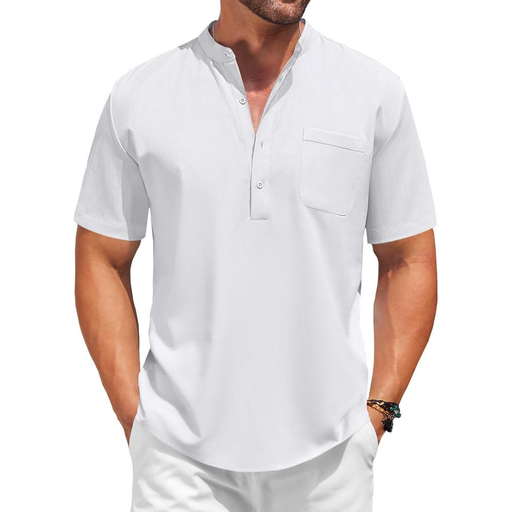 imageCOOFANDY Mens Casual Henley Shirt Short Sleeve Summer Beach Band Collar Shirt Hippie Henley TShirts with PocketAll White