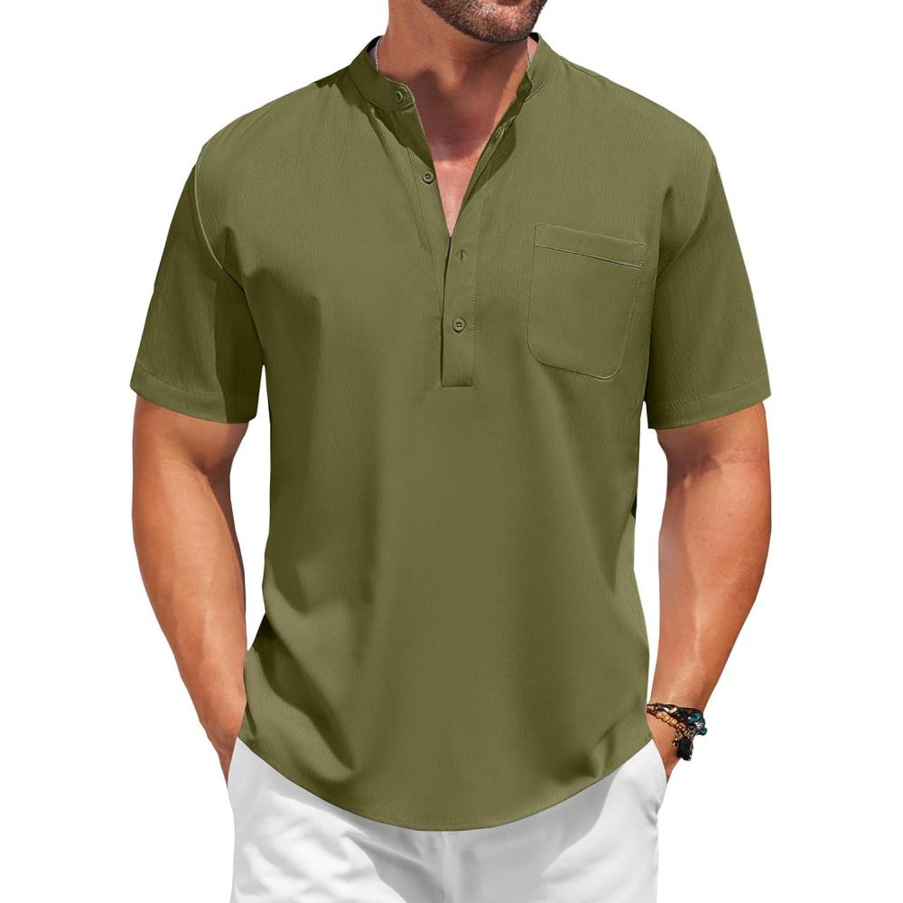 imageCOOFANDY Mens Casual Henley Shirt Short Sleeve Summer Beach Band Collar Shirt Hippie Henley TShirts with PocketArmy Green
