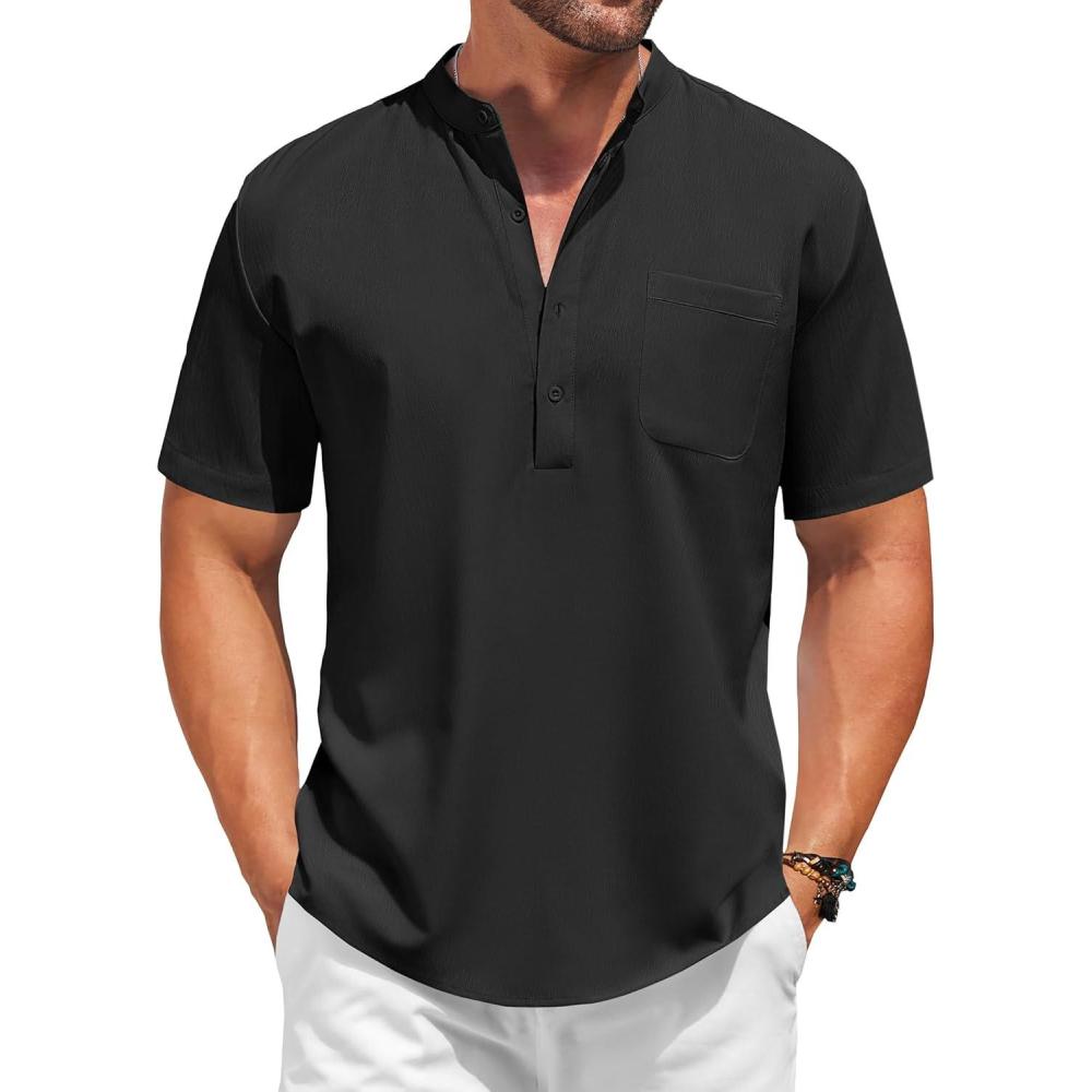 imageCOOFANDY Mens Casual Henley Shirt Short Sleeve Summer Beach Band Collar Shirt Hippie Henley TShirts with PocketBlack