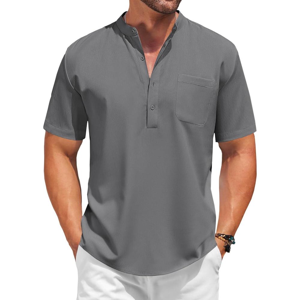 imageCOOFANDY Mens Casual Henley Shirt Short Sleeve Summer Beach Band Collar Shirt Hippie Henley TShirts with PocketDark Grey