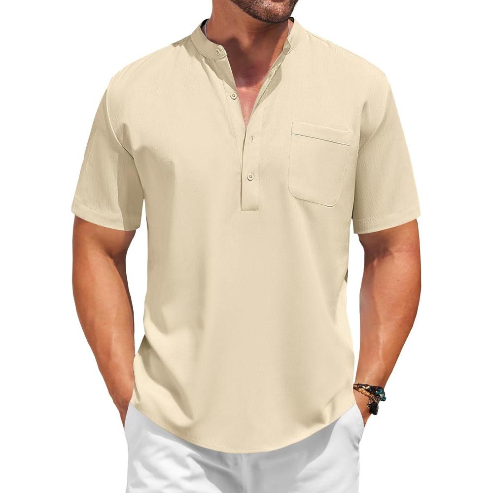 imageCOOFANDY Mens Casual Henley Shirt Short Sleeve Summer Beach Band Collar Shirt Hippie Henley TShirts with PocketKhaki