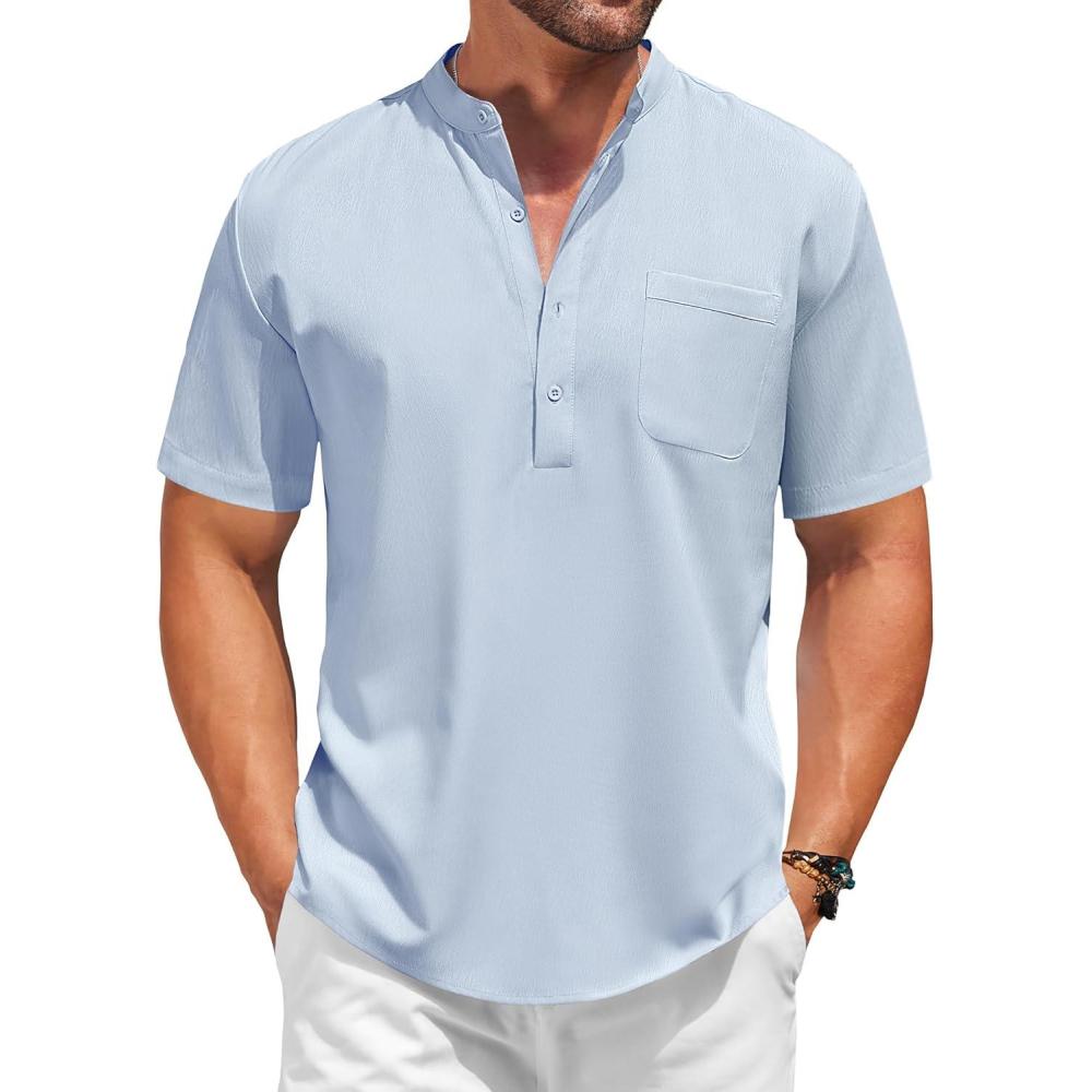 imageCOOFANDY Mens Casual Henley Shirt Short Sleeve Summer Beach Band Collar Shirt Hippie Henley TShirts with PocketLight Blue