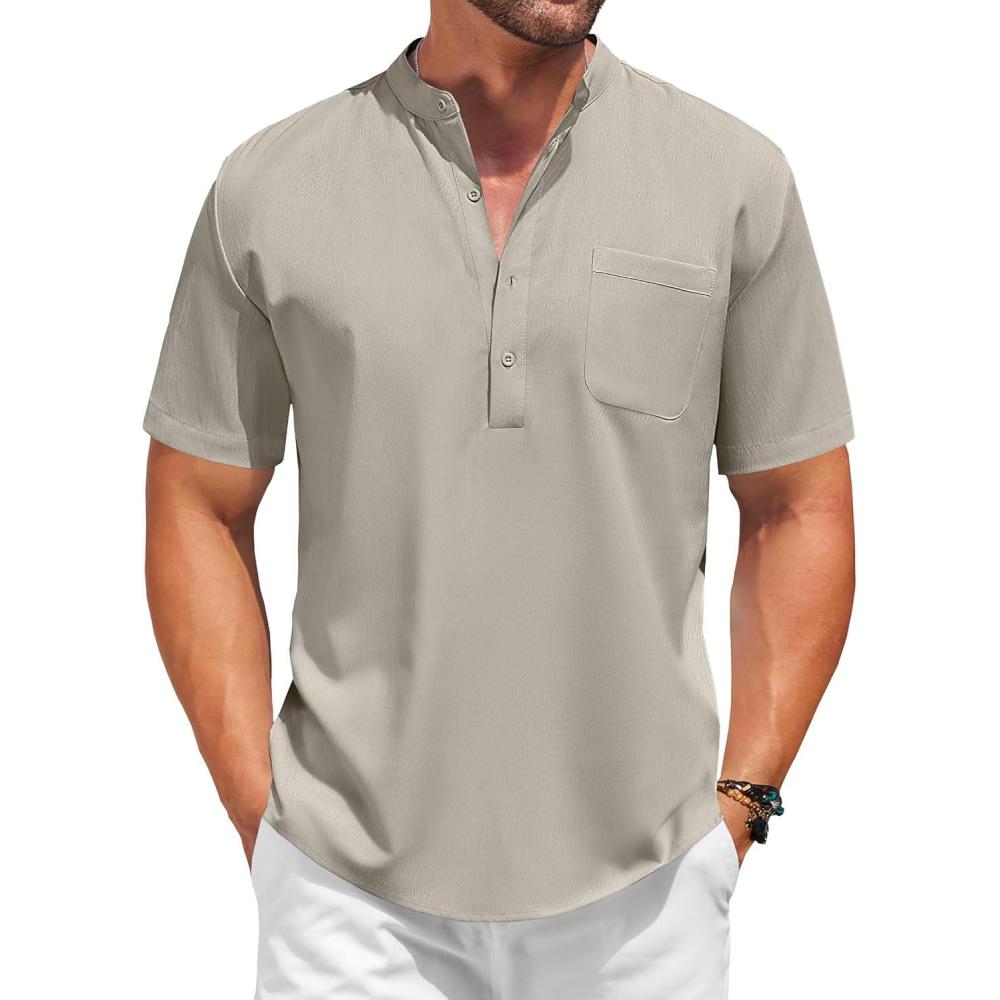 imageCOOFANDY Mens Casual Henley Shirt Short Sleeve Summer Beach Band Collar Shirt Hippie Henley TShirts with PocketLight Grey