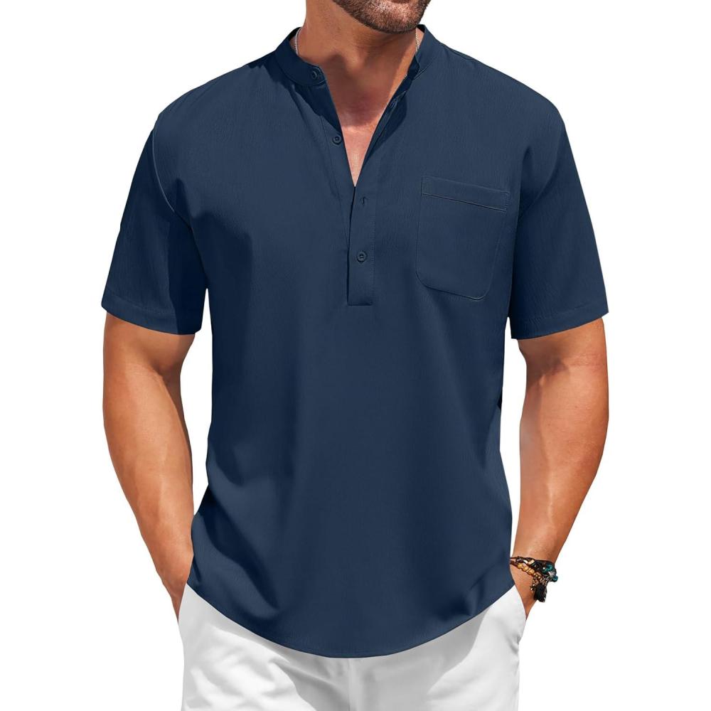 imageCOOFANDY Mens Casual Henley Shirt Short Sleeve Summer Beach Band Collar Shirt Hippie Henley TShirts with PocketNavy Blue