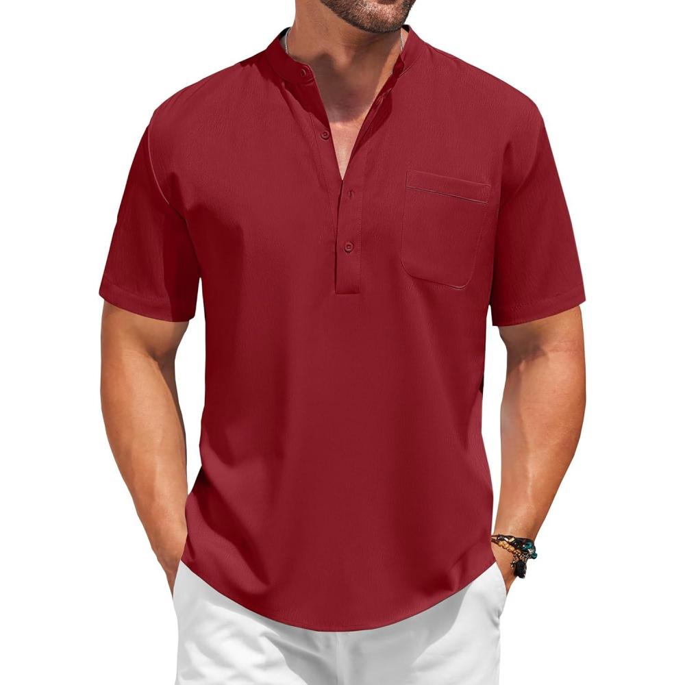 imageCOOFANDY Mens Casual Henley Shirt Short Sleeve Summer Beach Band Collar Shirt Hippie Henley TShirts with PocketRed