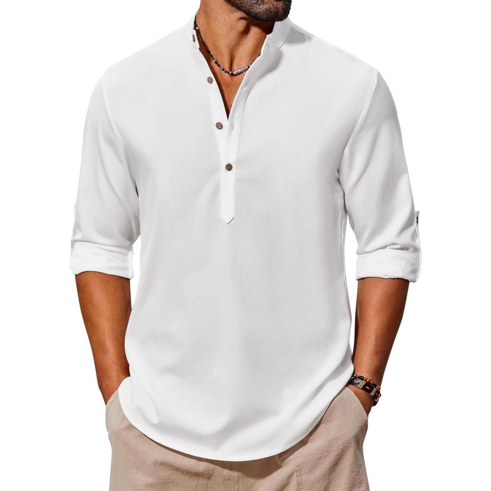imageCOOFANDY Mens Casual Henley Shirts Long Sleeve Band Collar Lightweight Beach Shirts Summer TShirtsAll White