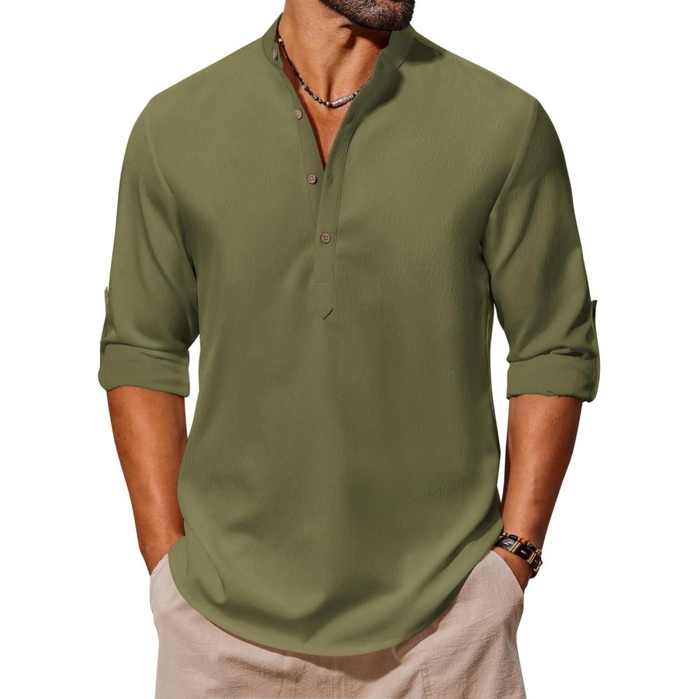 imageCOOFANDY Mens Casual Henley Shirts Long Sleeve Band Collar Lightweight Beach Shirts Summer TShirtsArmy Green