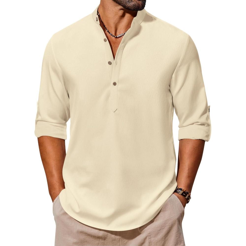 imageCOOFANDY Mens Casual Henley Shirts Long Sleeve Band Collar Lightweight Beach Shirts Summer TShirtsBeige