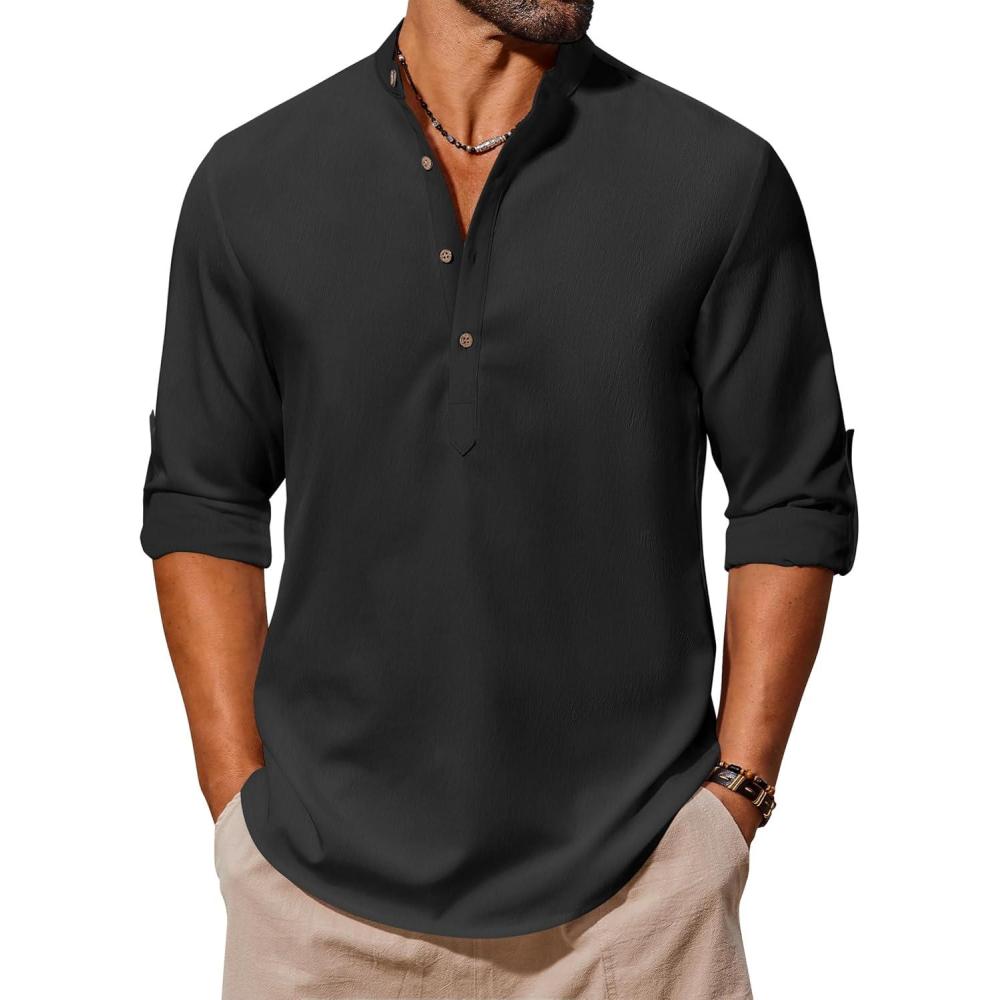 imageCOOFANDY Mens Casual Henley Shirts Long Sleeve Band Collar Lightweight Beach Shirts Summer TShirtsBlack