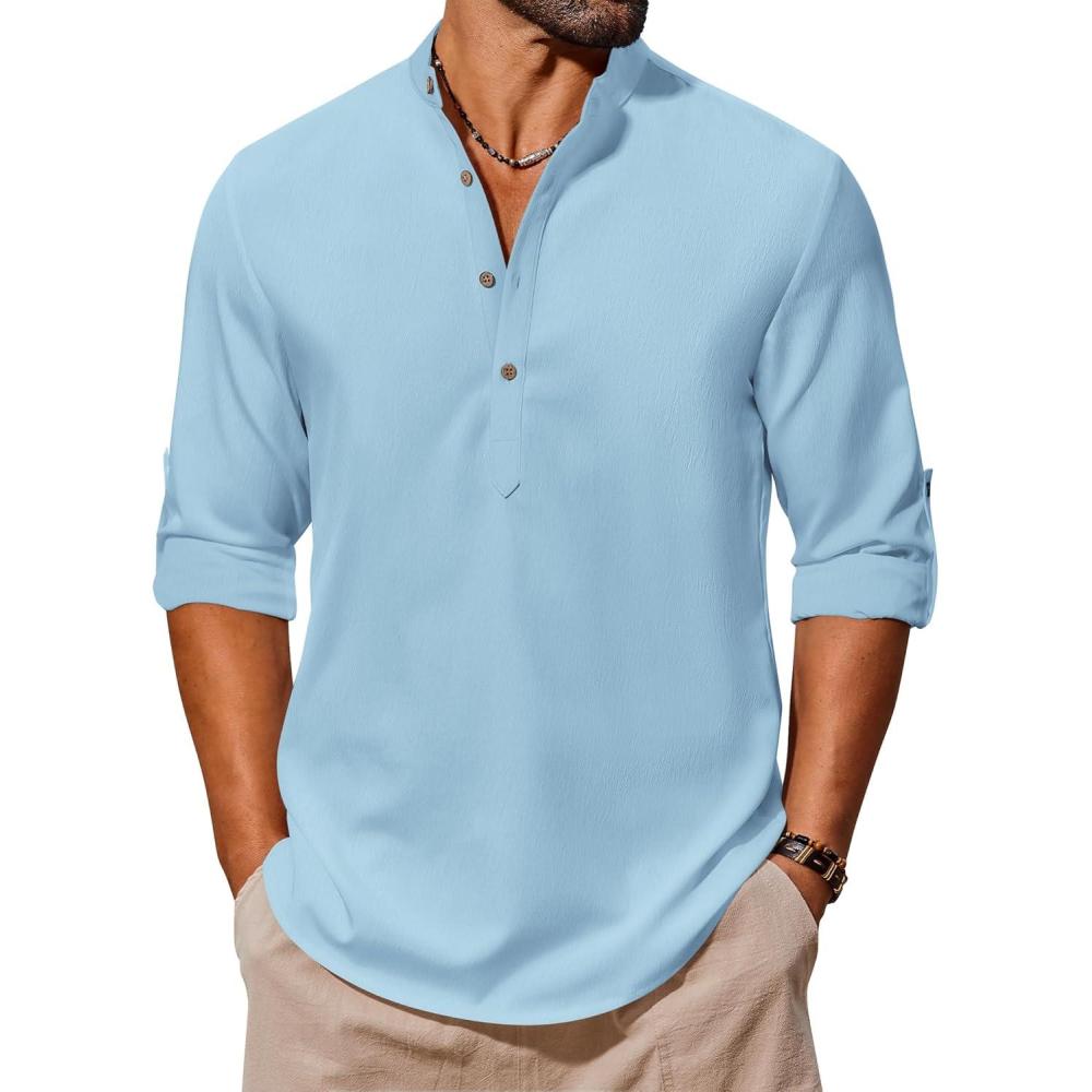 imageCOOFANDY Mens Casual Henley Shirts Long Sleeve Band Collar Lightweight Beach Shirts Summer TShirtsBlue