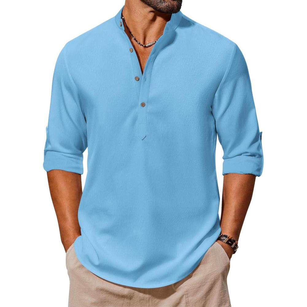 imageCOOFANDY Mens Casual Henley Shirts Long Sleeve Band Collar Lightweight Beach Shirts Summer TShirtsDenim Blue