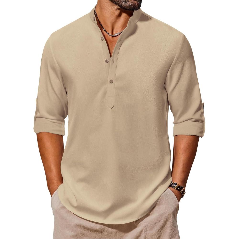 imageCOOFANDY Mens Casual Henley Shirts Long Sleeve Band Collar Lightweight Beach Shirts Summer TShirtsKhaki