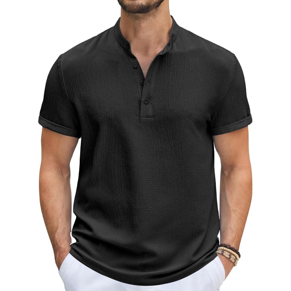 imageCOOFANDY Mens Casual Henley Tee Shirt Band Collar Short Sleeve Summer Beach Hippie T ShirtsBlack
