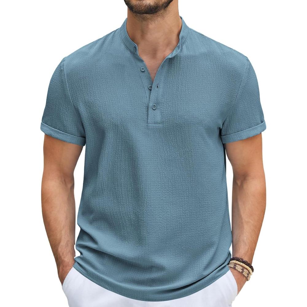 imageCOOFANDY Mens Casual Henley Tee Shirt Band Collar Short Sleeve Summer Beach Hippie T ShirtsDark Blue