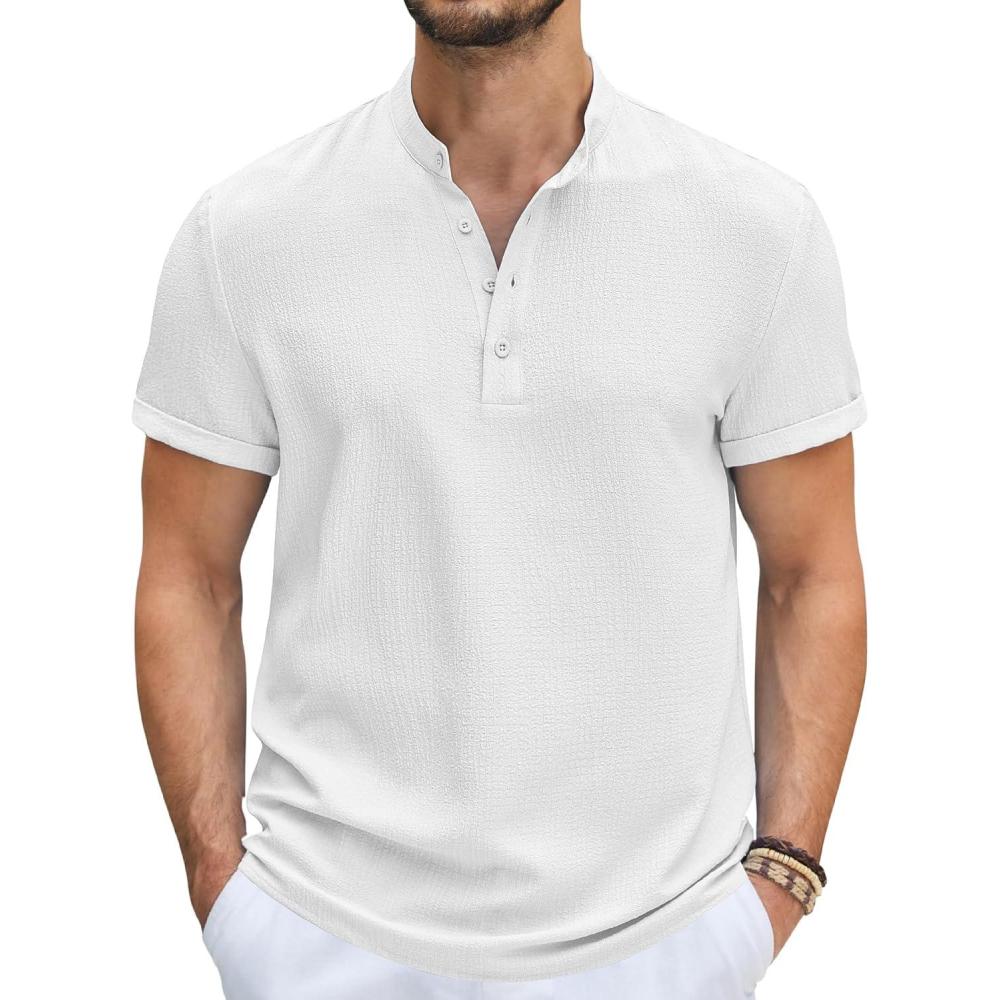 imageCOOFANDY Mens Casual Henley Tee Shirt Band Collar Short Sleeve Summer Beach Hippie T ShirtsWhite