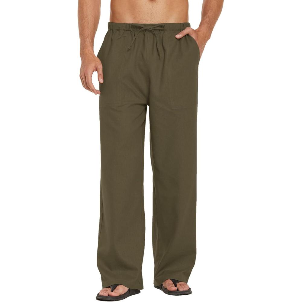 imageCOOFANDY Mens Casual Linen Pants Elastic Waist Linen Pants Drawstring Summer Beach Yoga Linen TrouserA Army Green