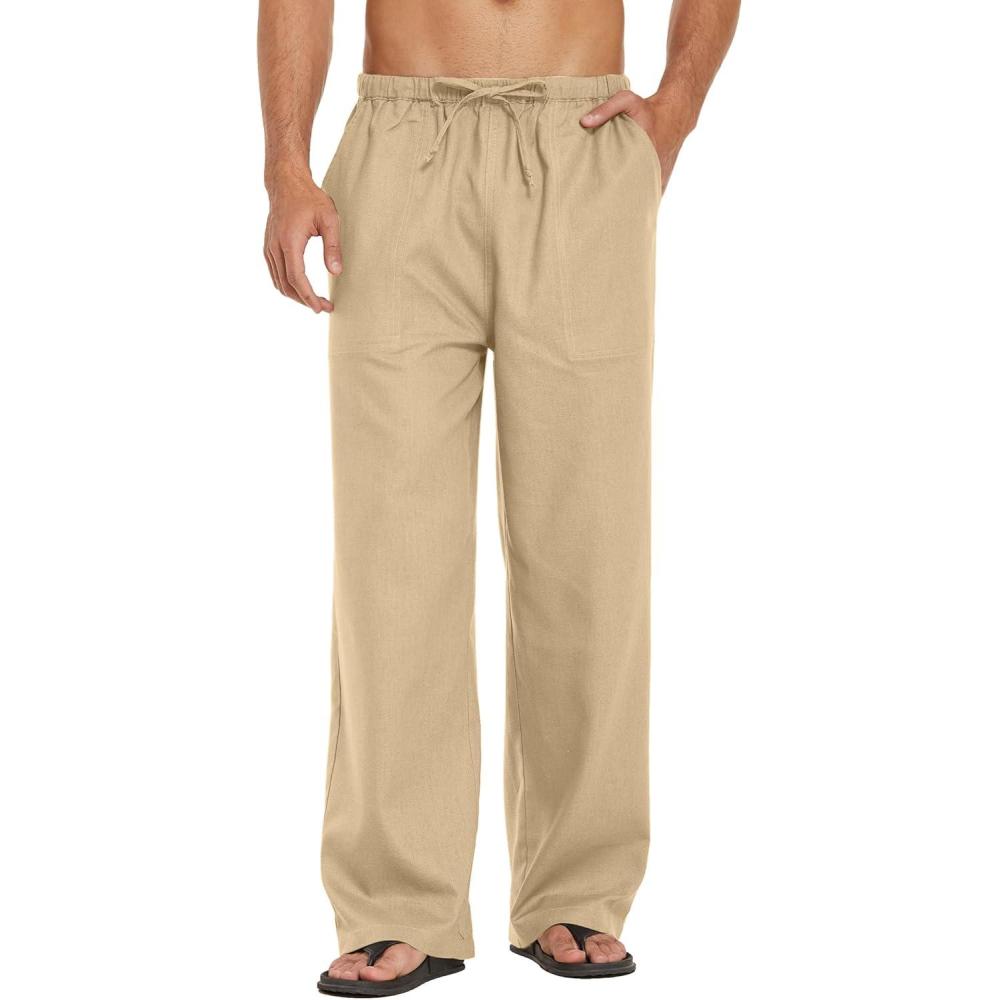 imageCOOFANDY Mens Casual Linen Pants Elastic Waist Linen Pants Drawstring Summer Beach Yoga Linen TrouserA Beige