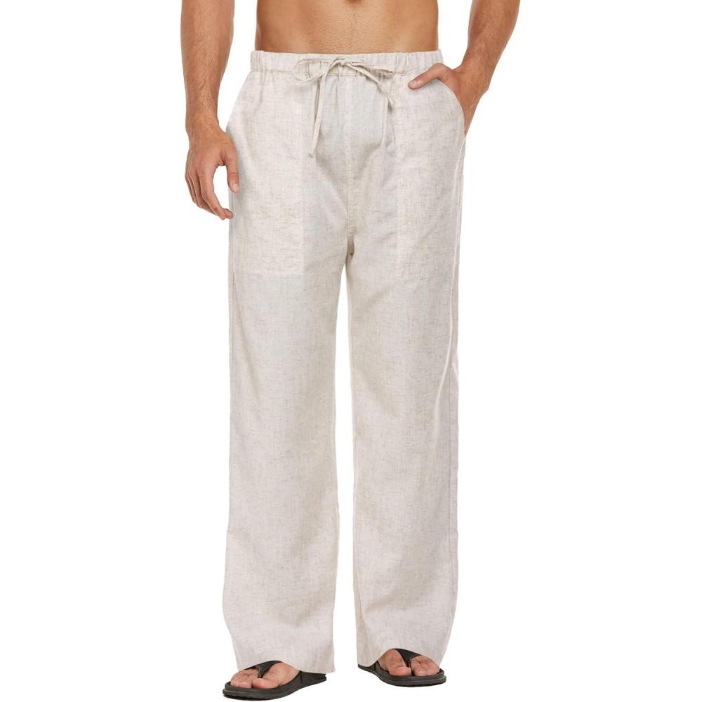 imageCOOFANDY Mens Casual Linen Pants Elastic Waist Linen Pants Drawstring Summer Beach Yoga Linen TrouserA Linen Khaki