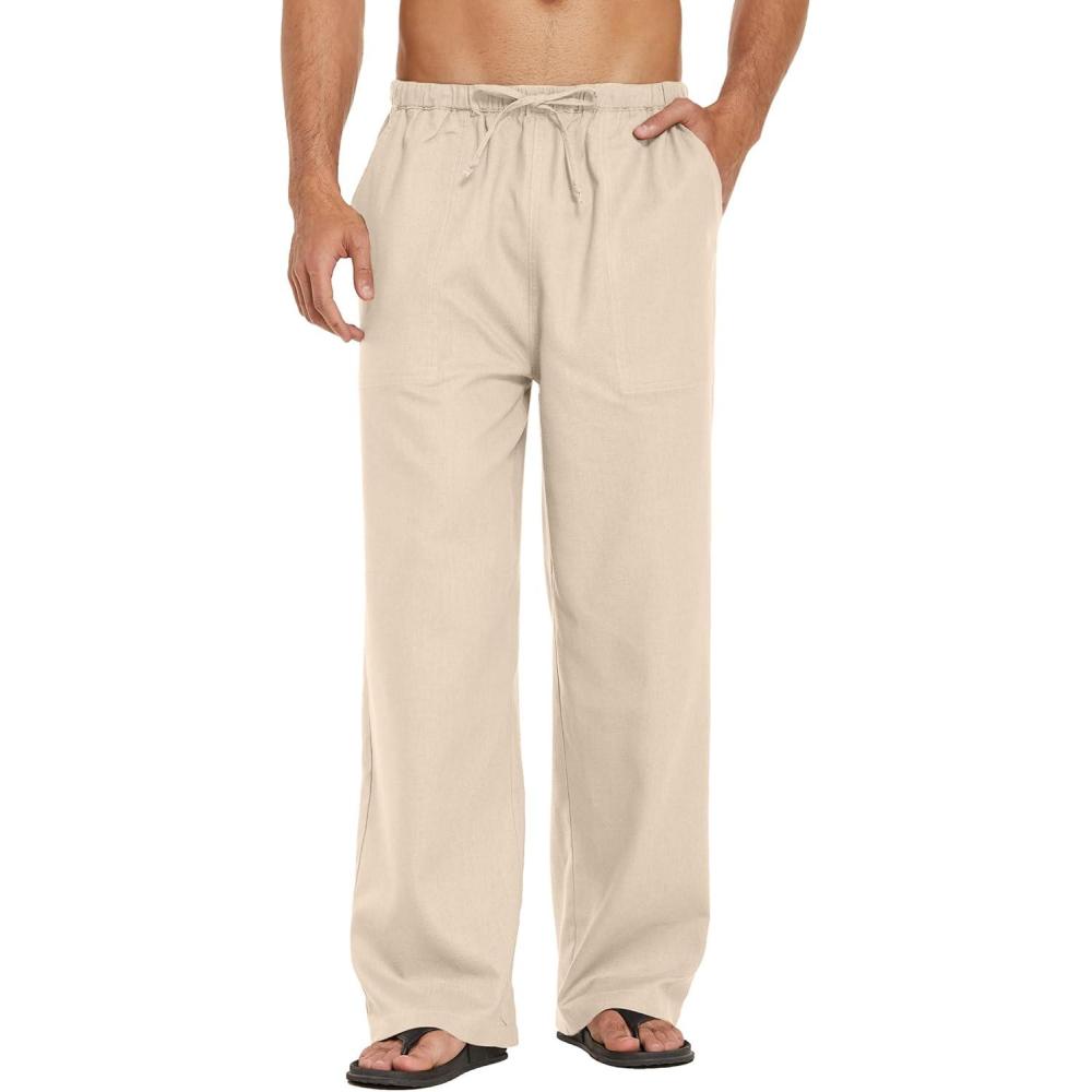 imageCOOFANDY Mens Casual Linen Pants Elastic Waist Linen Pants Drawstring Summer Beach Yoga Linen TrouserA Medium Khaki