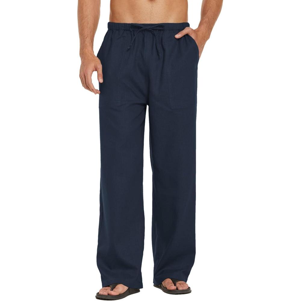imageCOOFANDY Mens Casual Linen Pants Elastic Waist Linen Pants Drawstring Summer Beach Yoga Linen TrouserA Navy Blue
