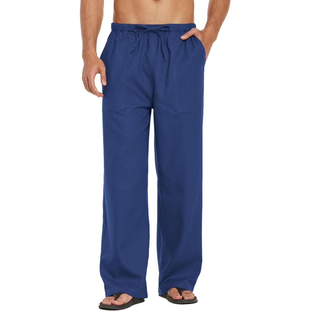 imageCOOFANDY Mens Casual Linen Pants Elastic Waist Linen Pants Drawstring Summer Beach Yoga Linen TrouserA Royal Blue
