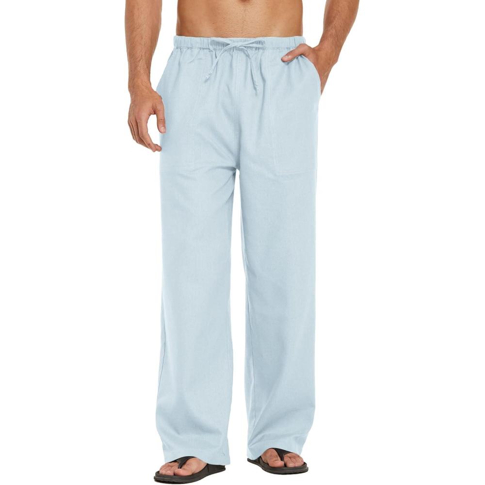 imageCOOFANDY Mens Casual Linen Pants Elastic Waist Linen Pants Drawstring Summer Beach Yoga Linen TrouserA Sky Blue