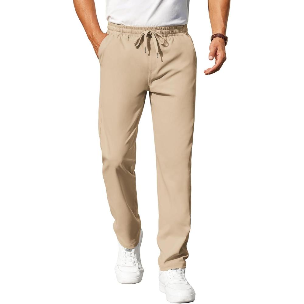 imageCOOFANDY Mens Casual Pants Elastic Waist Chino Pants Lightweight Drawstring Pants with PocketsAkhaki