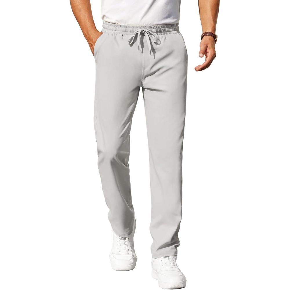imageCOOFANDY Mens Casual Pants Elastic Waist Chino Pants Lightweight Drawstring Pants with PocketsLight Gray