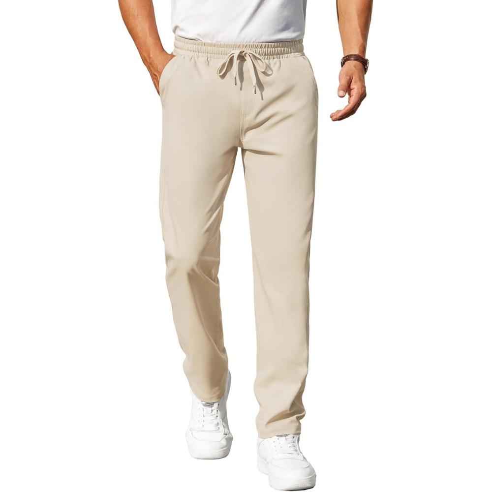 imageCOOFANDY Mens Casual Pants Elastic Waist Chino Pants Lightweight Drawstring Pants with PocketsLight Khaki