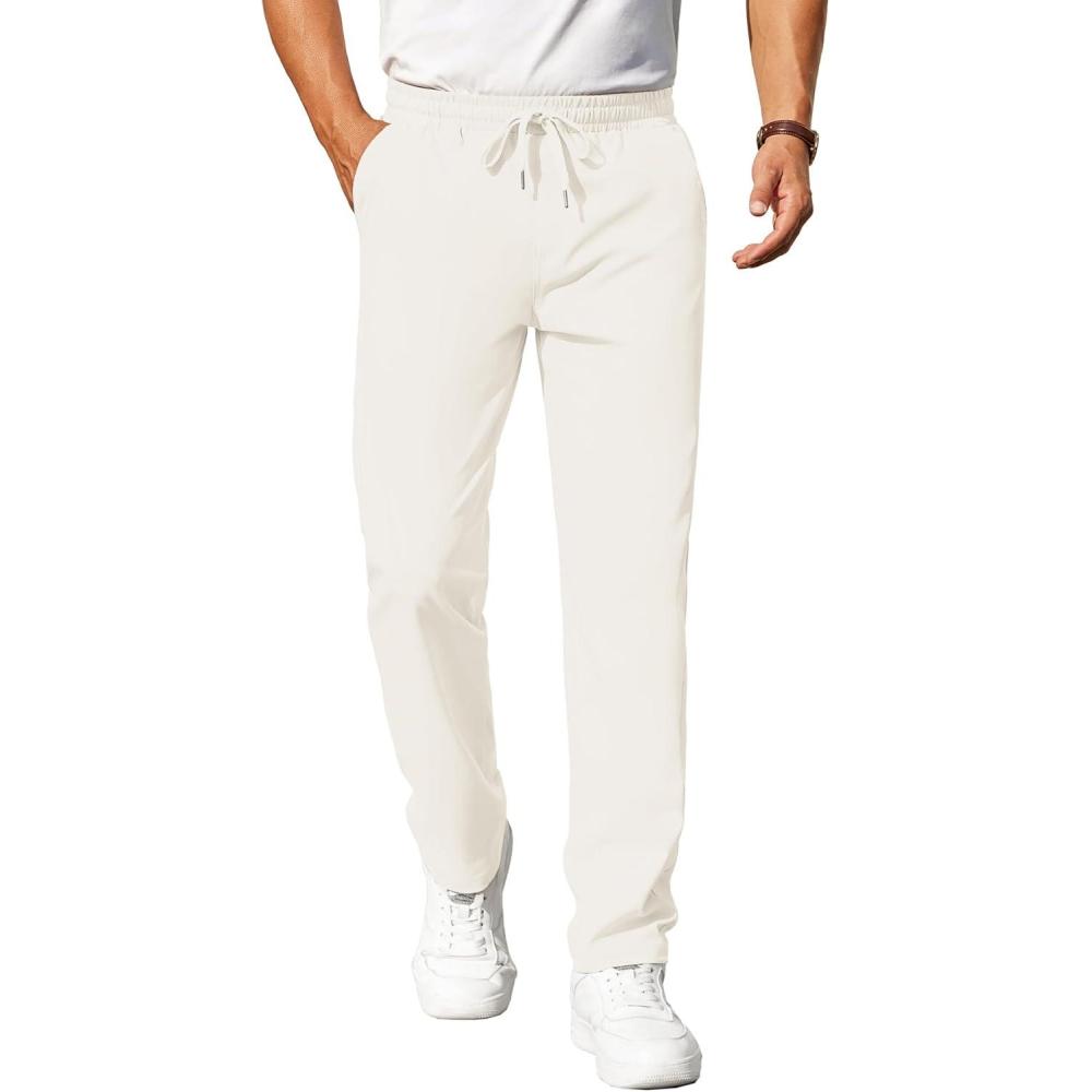 imageCOOFANDY Mens Casual Pants Elastic Waist Chino Pants Lightweight Drawstring Pants with PocketsOffwhite