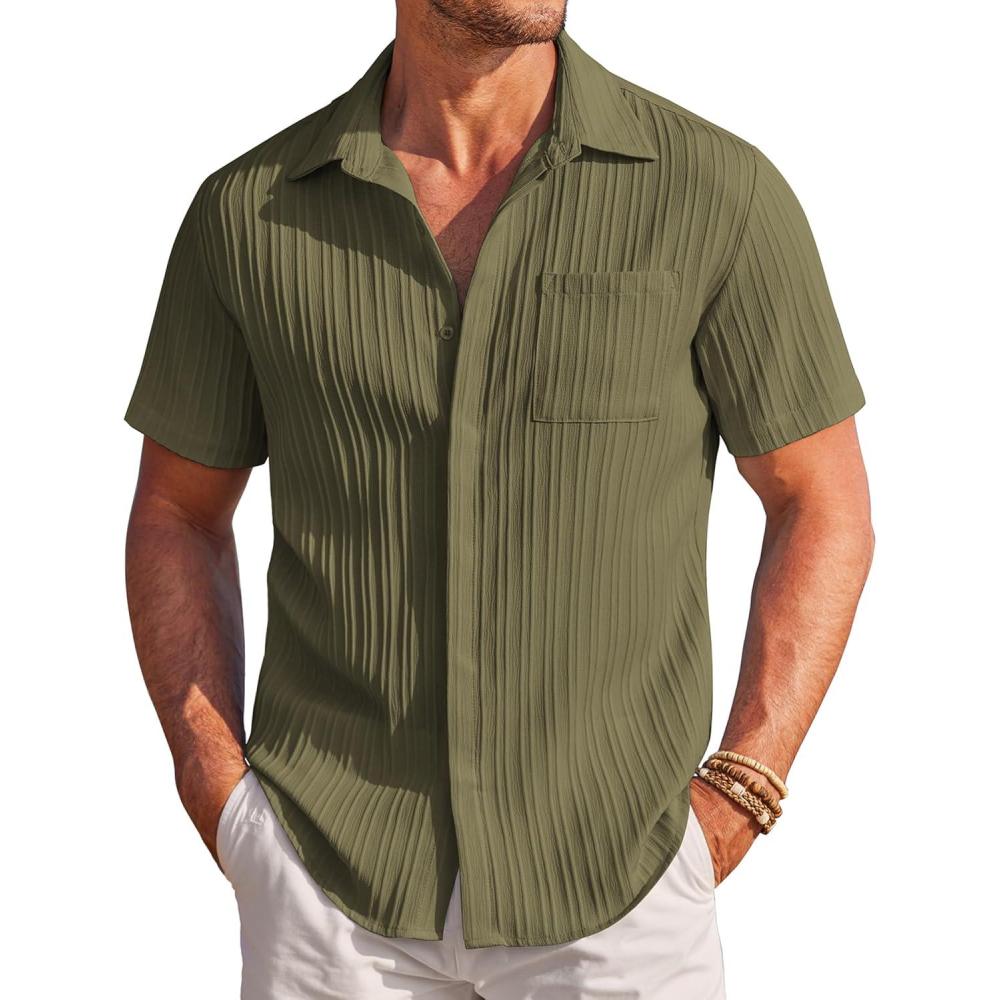 imageCOOFANDY Mens Casual Shirts Short Sleeve Button Down Shirts Fashion Textured Summer Beach ShirtArmy Green