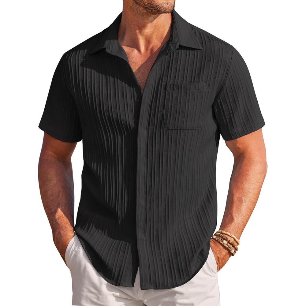 imageCOOFANDY Mens Casual Shirts Short Sleeve Button Down Shirts Fashion Textured Summer Beach ShirtBlack