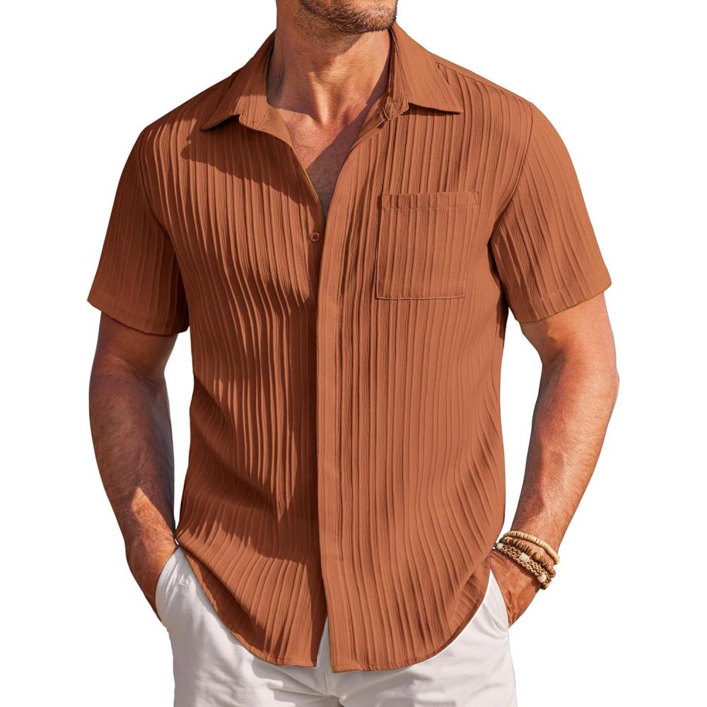 imageCOOFANDY Mens Casual Shirts Short Sleeve Button Down Shirts Fashion Textured Summer Beach ShirtLight Brown