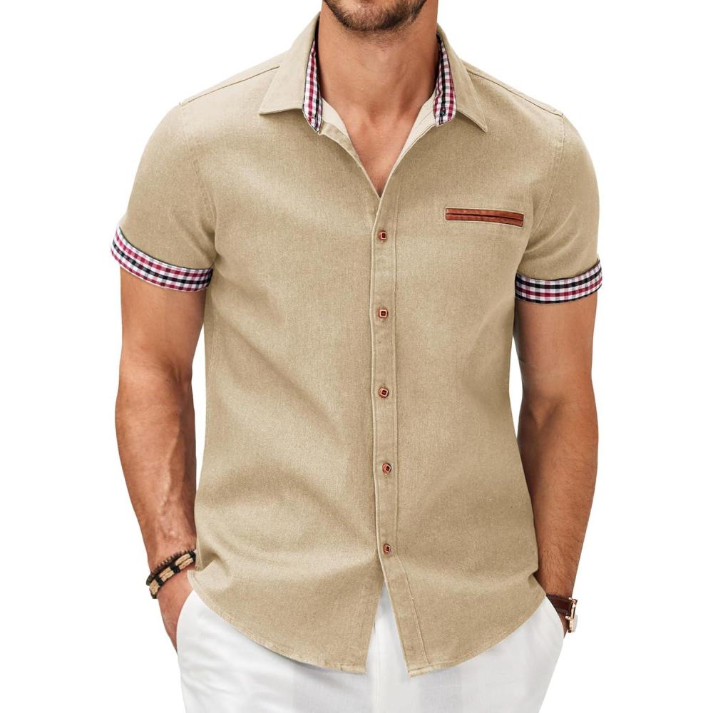 imageCOOFANDY Mens Casual Short Sleeve Button Down Dress Shirt Plaid Collar Denim Work ShirtsA  Khaki No Pocket