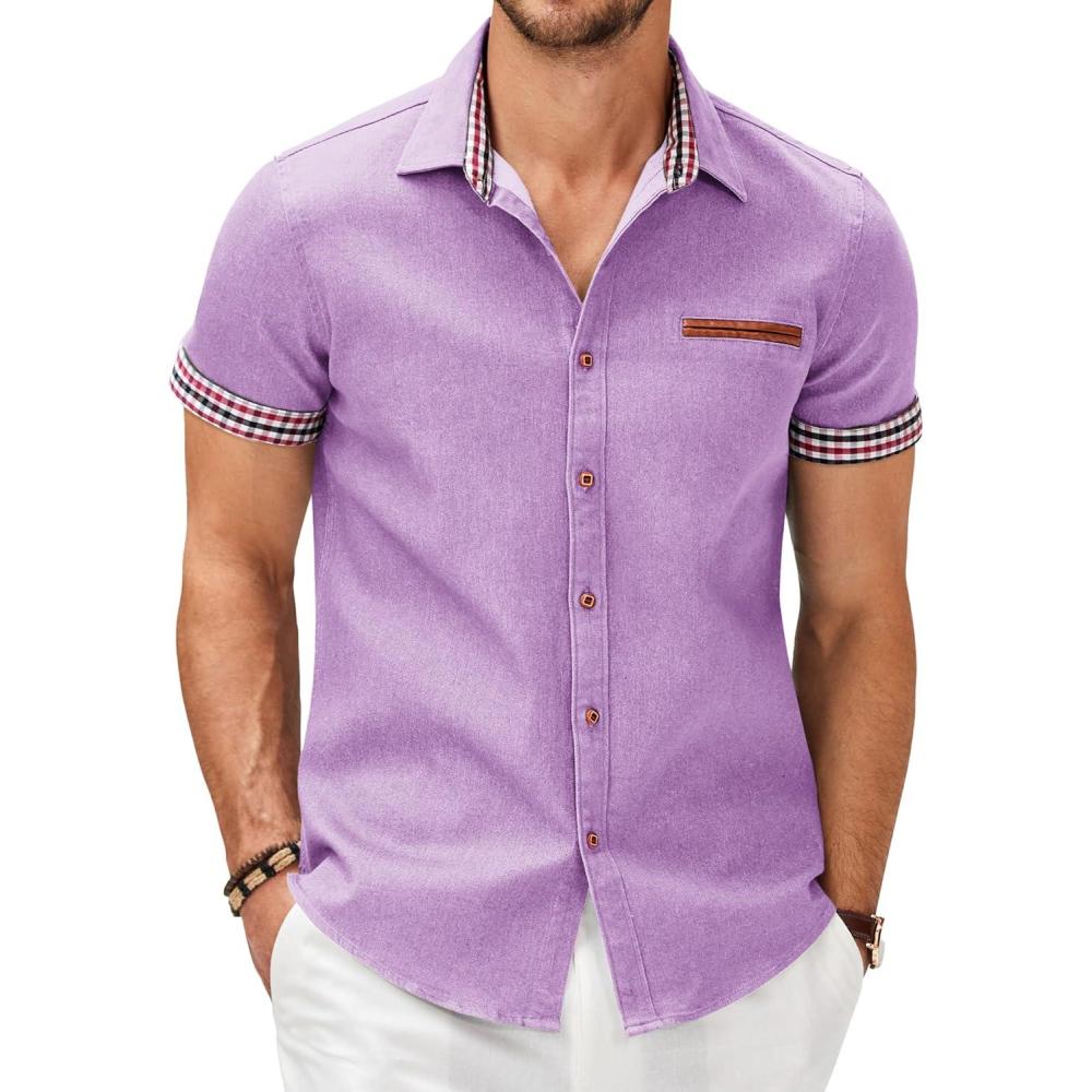 imageCOOFANDY Mens Casual Short Sleeve Button Down Dress Shirt Plaid Collar Denim Work ShirtsA Purple No Pocket