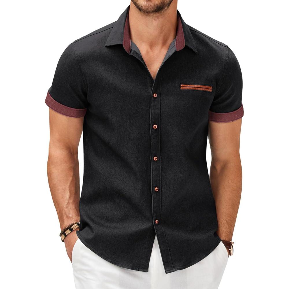 imageCOOFANDY Mens Casual Short Sleeve Button Down Dress Shirt Plaid Collar Denim Work ShirtsB Black No Pocket