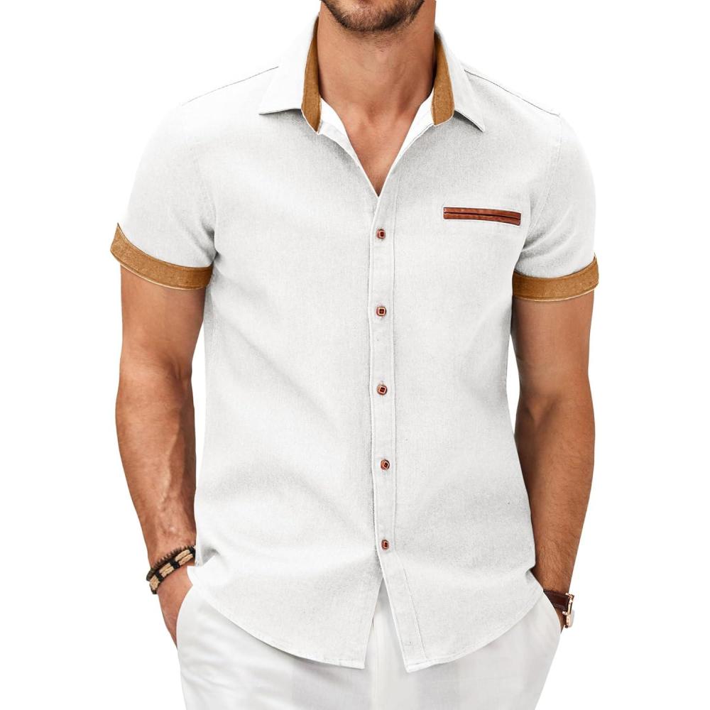 imageCOOFANDY Mens Casual Short Sleeve Button Down Dress Shirt Plaid Collar Denim Work ShirtsB White No Pocket