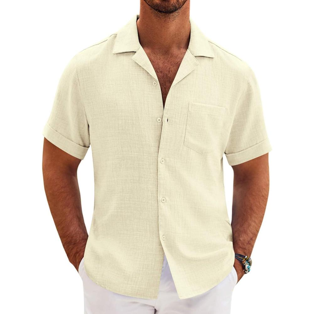 imageCOOFANDY Mens Casual Short Sleeve Button Down Shirts Cuban Linen Textured Shirt Summer Beach WearBeige