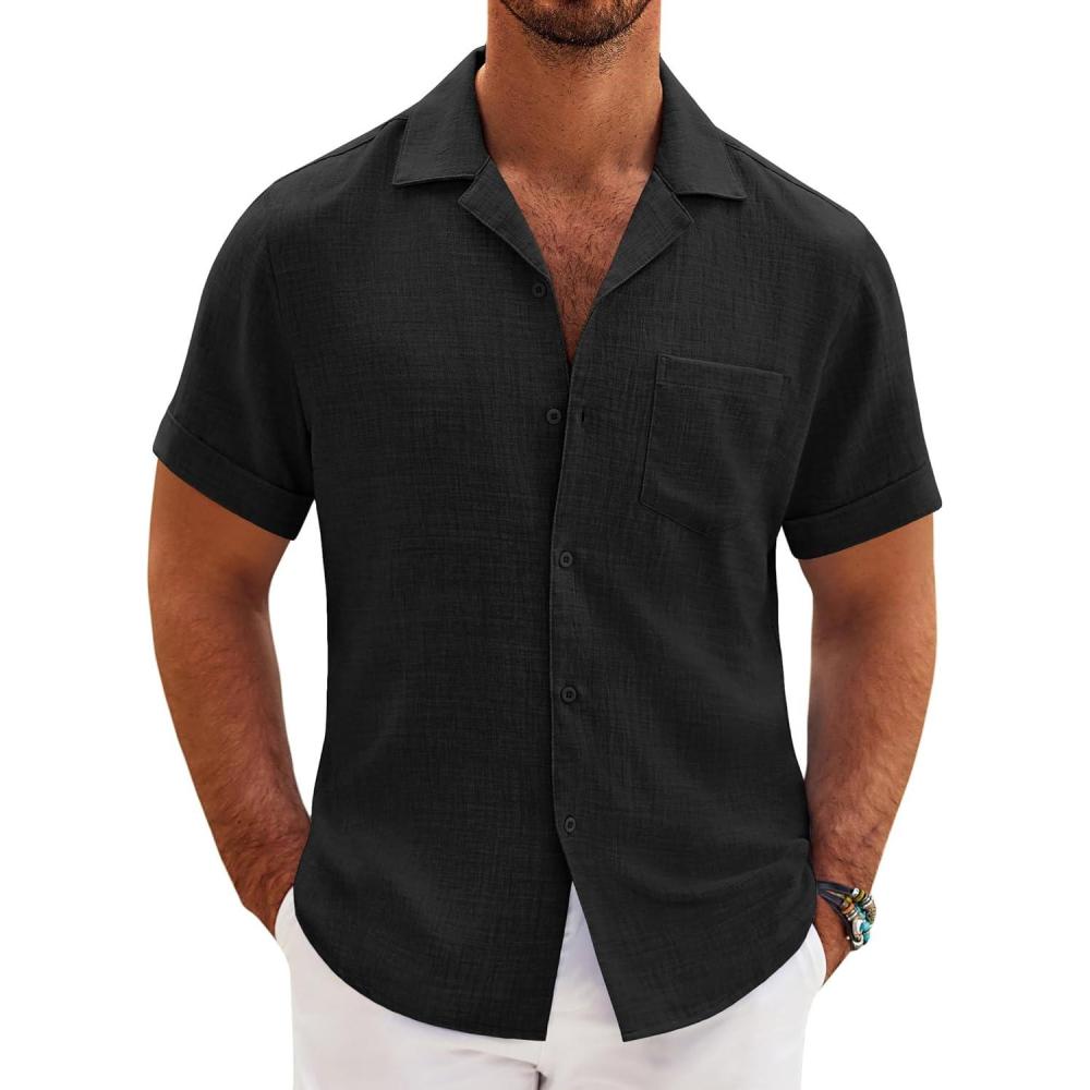 imageCOOFANDY Mens Casual Short Sleeve Button Down Shirts Cuban Linen Textured Shirt Summer Beach WearBlack