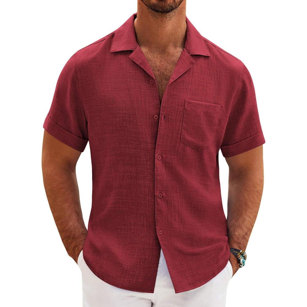 imageCOOFANDY Mens Casual Short Sleeve Button Down Shirts Cuban Linen Textured Shirt Summer Beach WearBurgundy