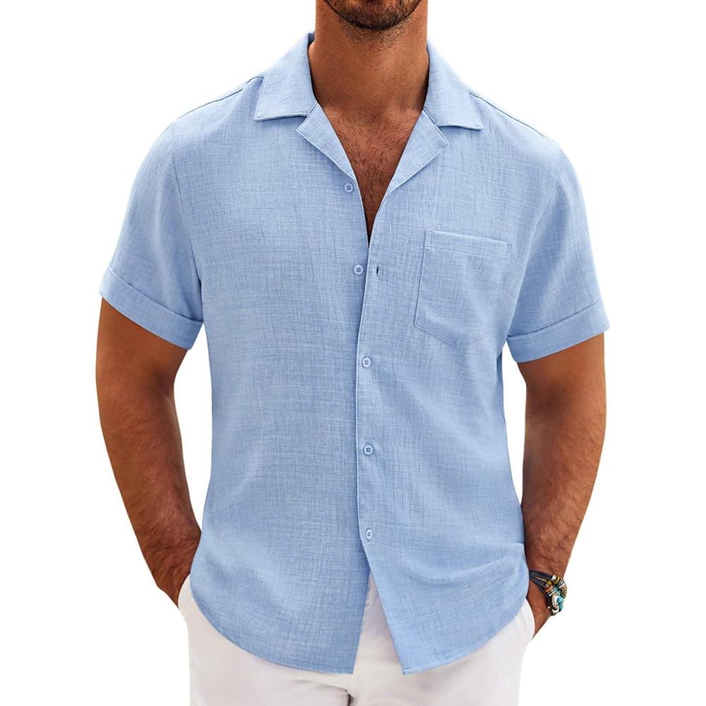imageCOOFANDY Mens Casual Short Sleeve Button Down Shirts Cuban Linen Textured Shirt Summer Beach WearClear Blue