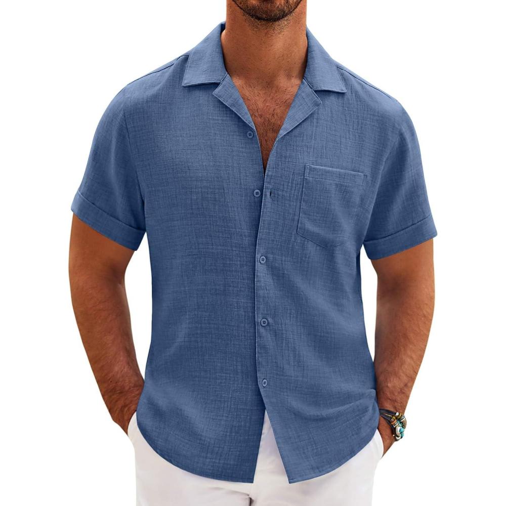 imageCOOFANDY Mens Casual Short Sleeve Button Down Shirts Cuban Linen Textured Shirt Summer Beach WearDenim Blue