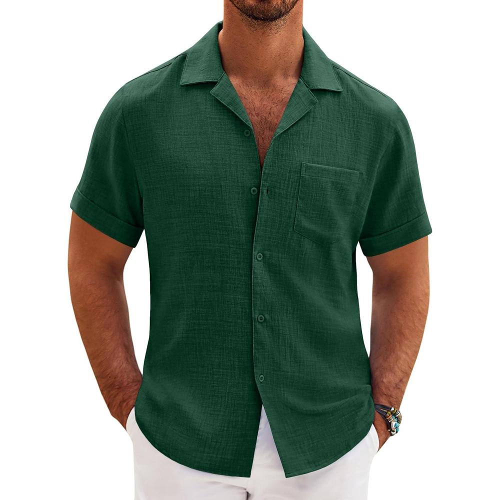 imageCOOFANDY Mens Casual Short Sleeve Button Down Shirts Cuban Linen Textured Shirt Summer Beach WearGreen